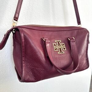 Tory Burch Britten Double Zip Doctor's Bag Dark Cherry Leather Gold Hardware
